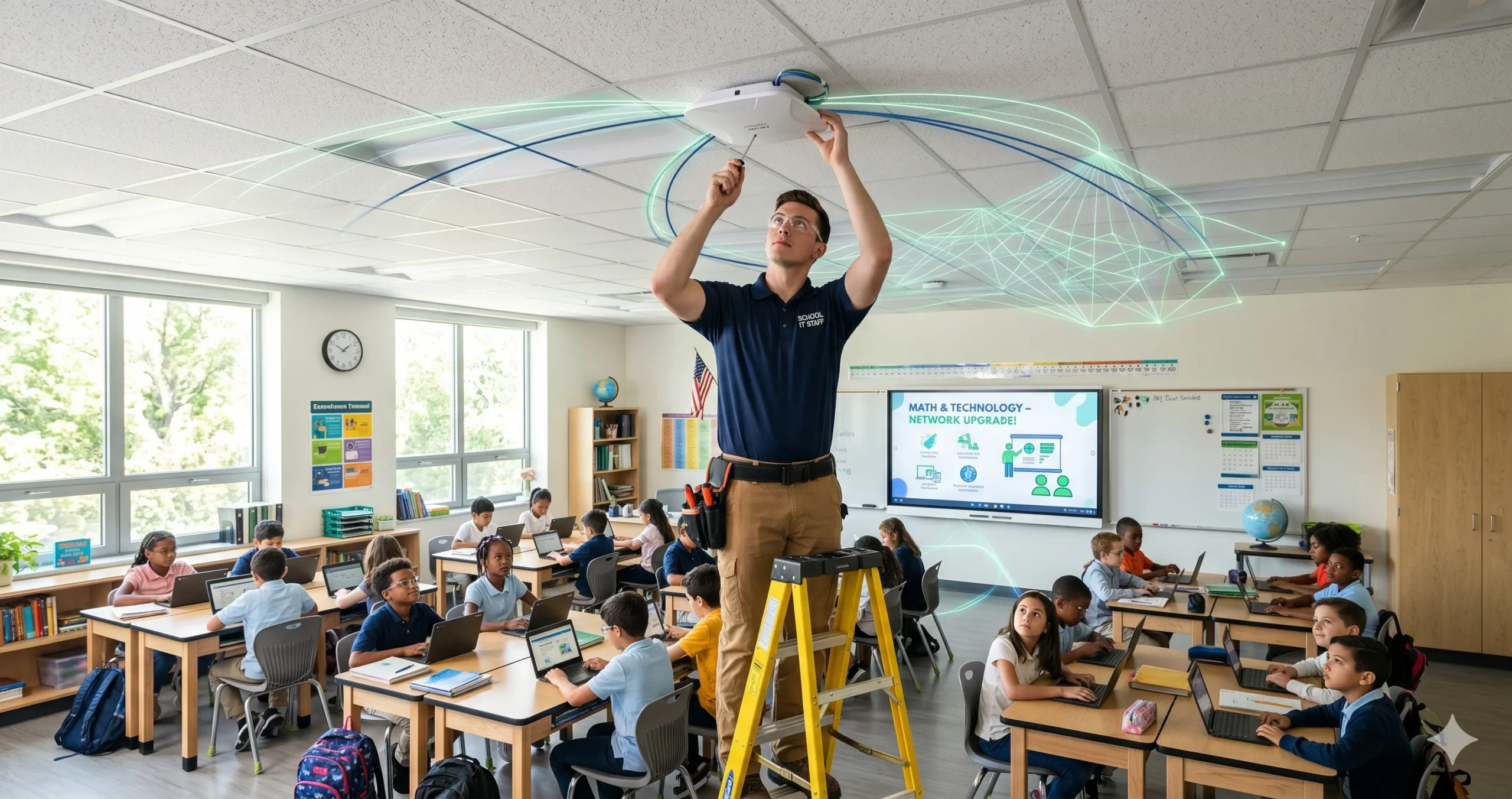IT technician installing a modern Wi-Fi access